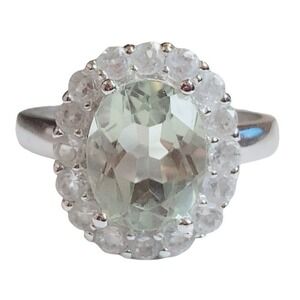 Green Amethyst and White Topaz 925 Sterling Silver Ring Sz 6